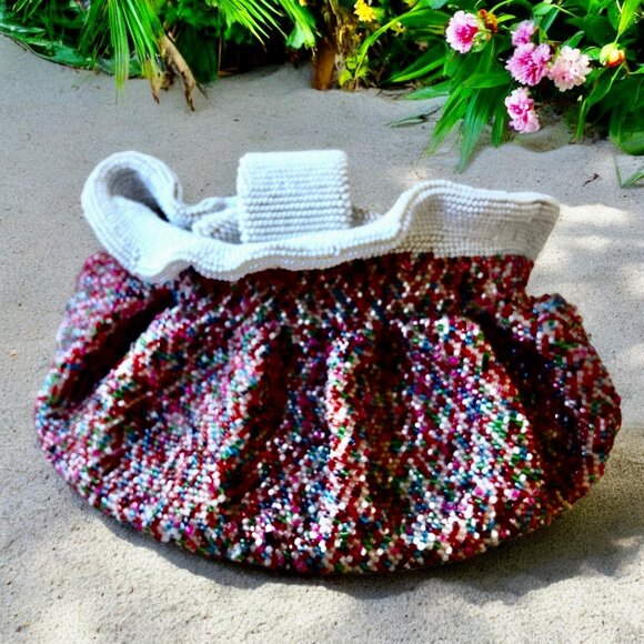 Vintage BEADED Drawstring Wrist Pouch Bag Flapper Art Deco Small - Picture 7 of 13